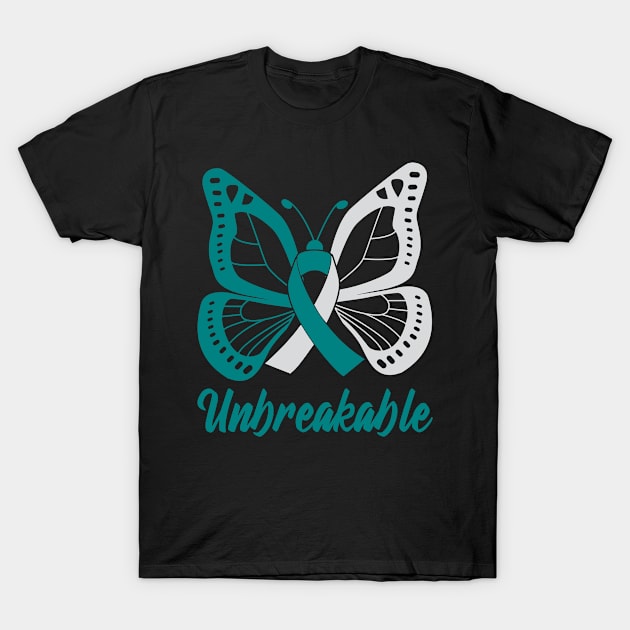 Teal and White Butterfly Awareness Ribbon Unbreakable T-Shirt by FanaticTee